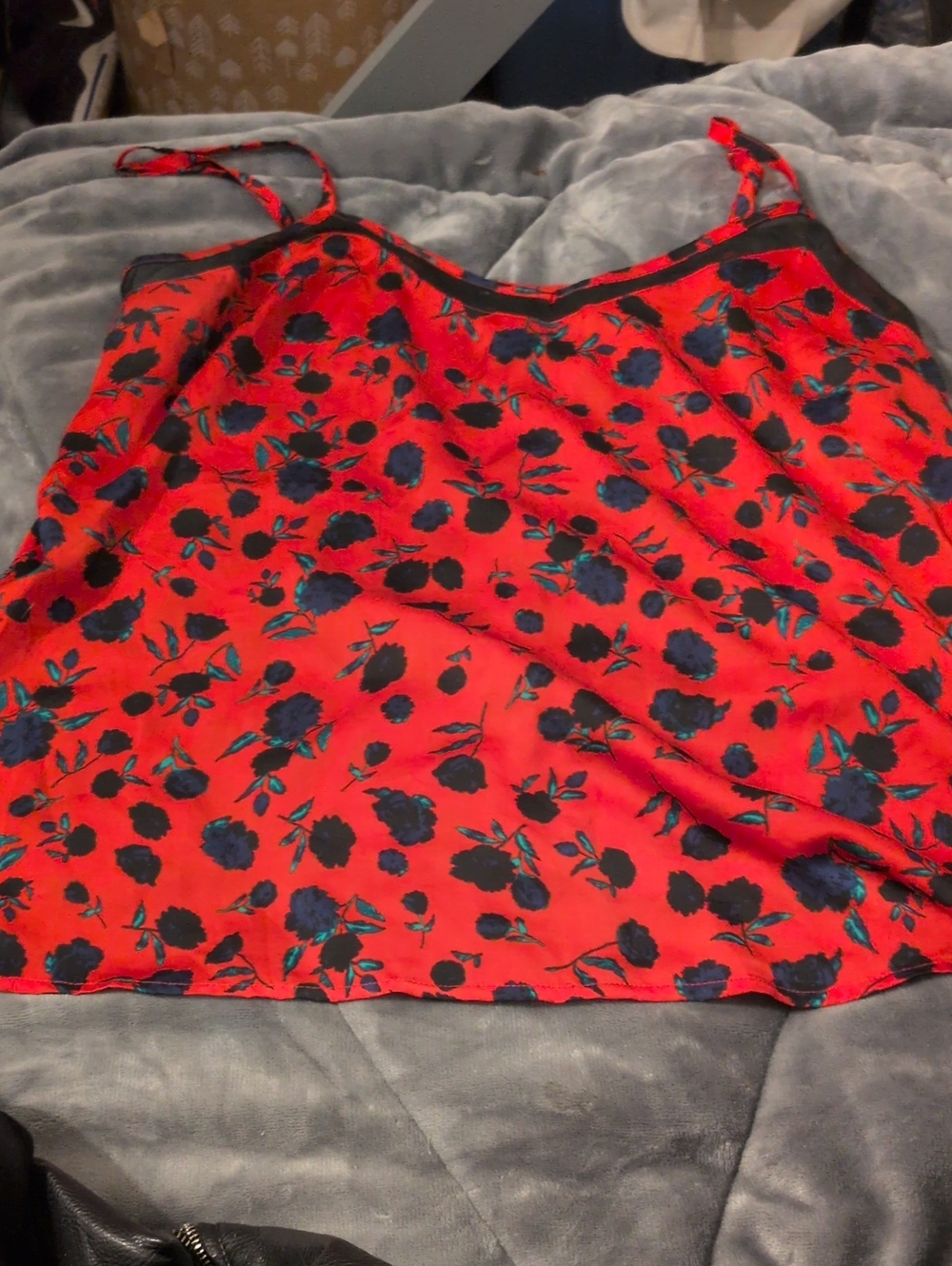 Red Floral Satin Cami with Black Trim - I❤️Ronson